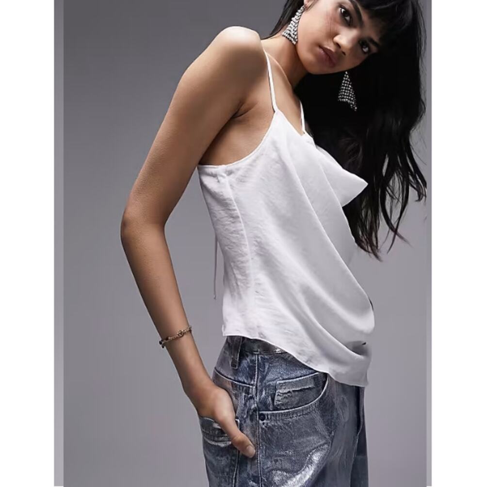 NEW TOPSHOP NORDSTROM White Cowl Neck Tie-Keyhole Back Strappy Cami Top Size 8